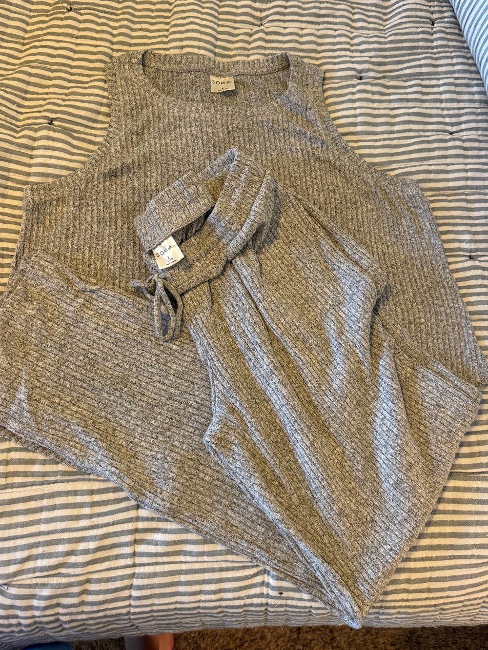 Soma Cozy Ribbed Tank Top & Long Pants in Heather Gray - Large Top/L Long Pants